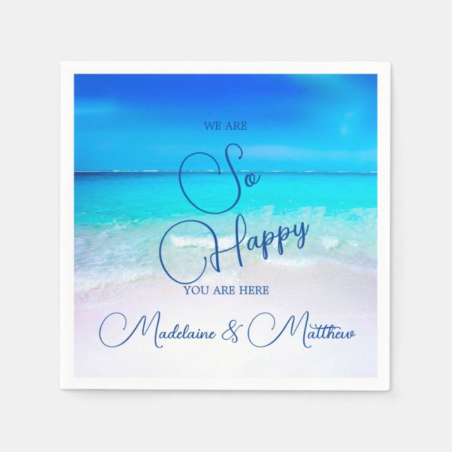 Blue Aqua Ocean Coastal Beach Wedding Engagement Napkin (Front)