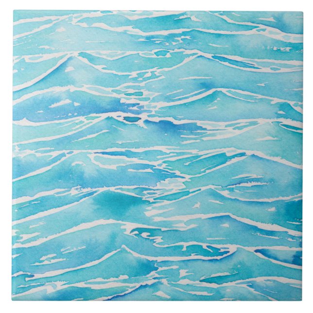 Blue Aqua Ocean Sea Waves Watercolor Print Ceramic Tile (Front)