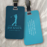 Blue Aqua Personalised Monogram Golfer Luggage Tag<br><div class="desc">This design features a golfer swinging a club and has two text fields that you can use to personalise it - perhaps with a name and golf team or club.</div>