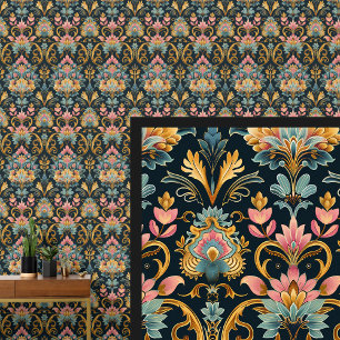 Blue Aqua Pink Gold Art Nouveau  Wallpaper