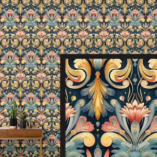 Blue Aqua Pink Gold Art Nouveau  Wallpaper