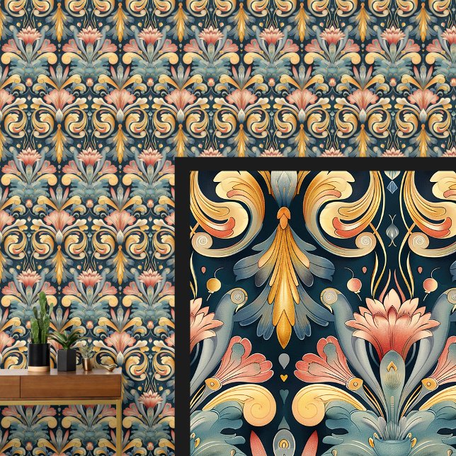 Blue Aqua Pink Gold Art Nouveau  Wallpaper (Creator Uploaded)