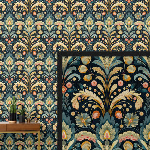 Blue Aqua Pink Yellow Art Nouveau  Wallpaper