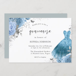 Blue Aqua Silver Dress & Flowers Quinceanera Invitation