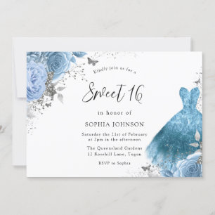 Blue Aqua Silver Dress & Flowers Sweet 16 Invitation