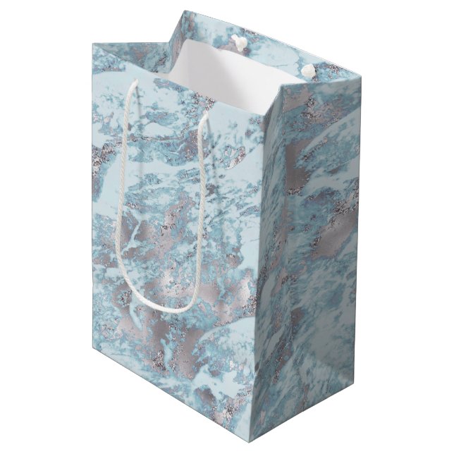 Blue Aqua Silver Marble Medium Gift Bag (Front Angled)