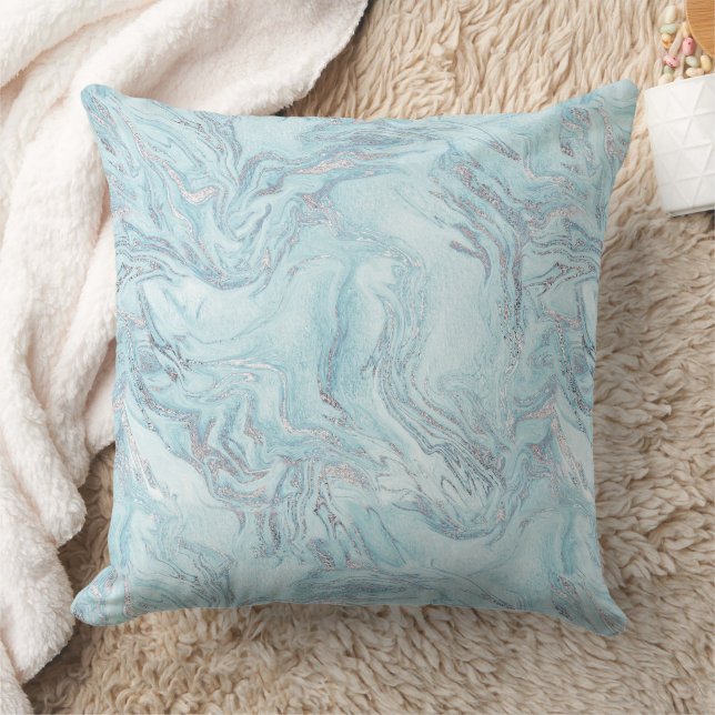 Blue Aqua Silver Marble Swirls Cushion (Blanket)