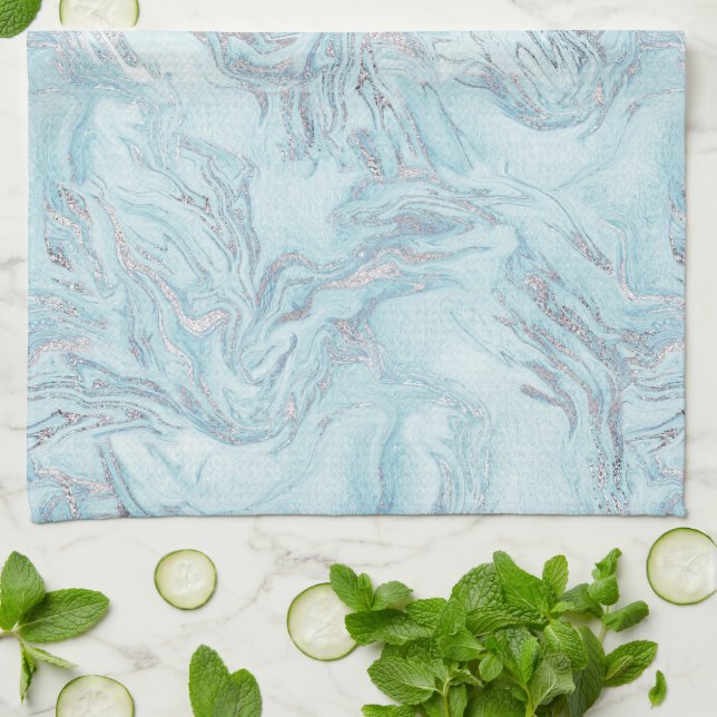 Blue Aqua Silver Marble Tea Towel (Folded)