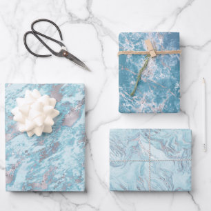Blue Aqua Silver Marble Wrapping Paper Sheet