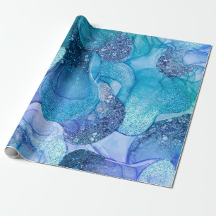 Blue aqua sparkly marbling design wrapping paper