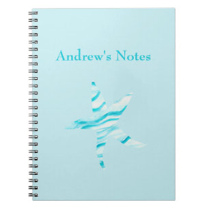 Blue-Aqua starfish wave-silhouette watercolor-name Notebook