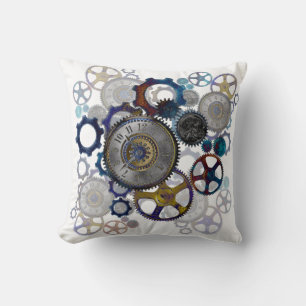 Blue aqua steampunk gears, cogs, clock face pillow