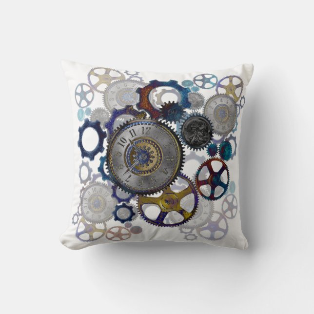 Blue aqua steampunk gears, cogs, clock face pillow (Front)