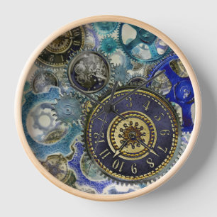 Blue aqua steampunk gears, cogs, clock faces print