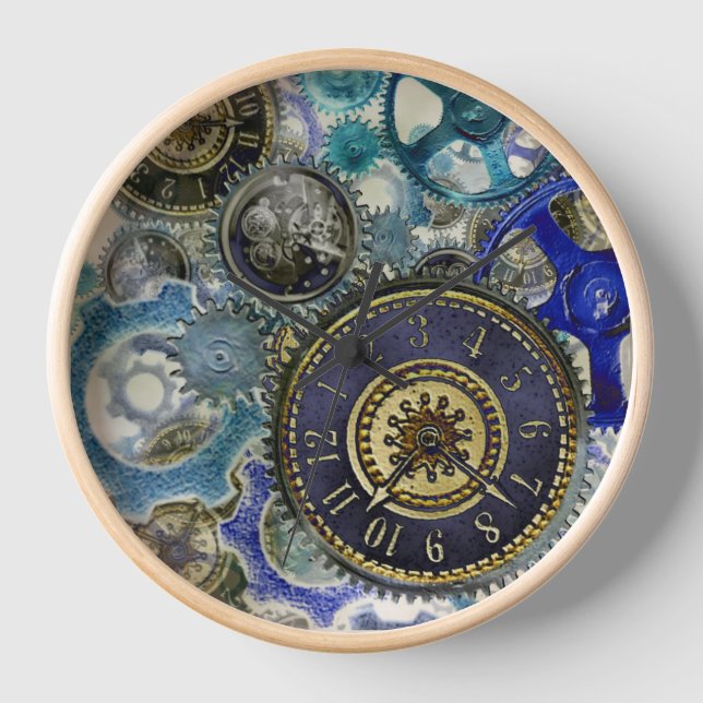 Blue aqua steampunk gears, cogs, clock faces print (Front)
