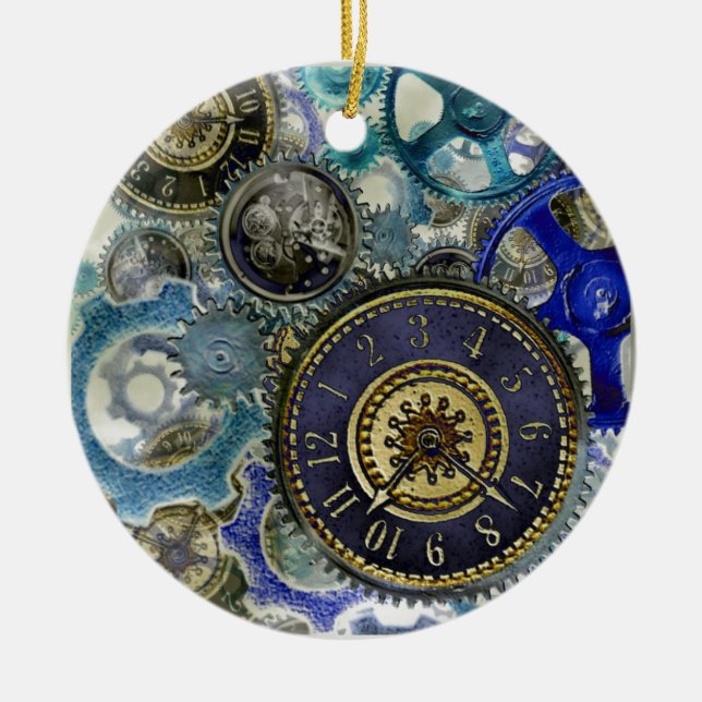 Blue aqua steampunk gears, cogs, clock faces print ceramic tree decoration (Front)