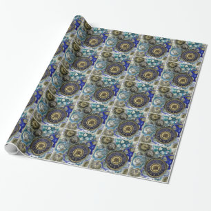 Blue aqua steampunk gears, cogs, clock faces print wrapping paper