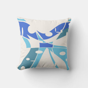 Blue Aqua Teal on Off-White Abstract Art Butterfly Cushion