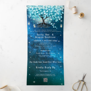 Blue Aqua Turquoise Heart Leaf Tree Wedding Tri-F Tri-Fold Invitation
