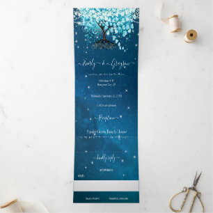 Blue Aqua Turquoise Heart Leaf Tree Wedding Tri-Fold Invitation