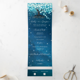 Blue Aqua Turquoise Heart Leaf Tree Wedding Tri-Fold Invitation