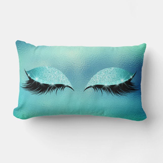 Blue  Aqua Vip Lashes Glass Sleep Glitter Makeup Lumbar Cushion (Front)