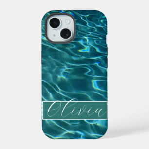 Blue aqua Water Pattern ocean waves monogram iPhone 15 Case