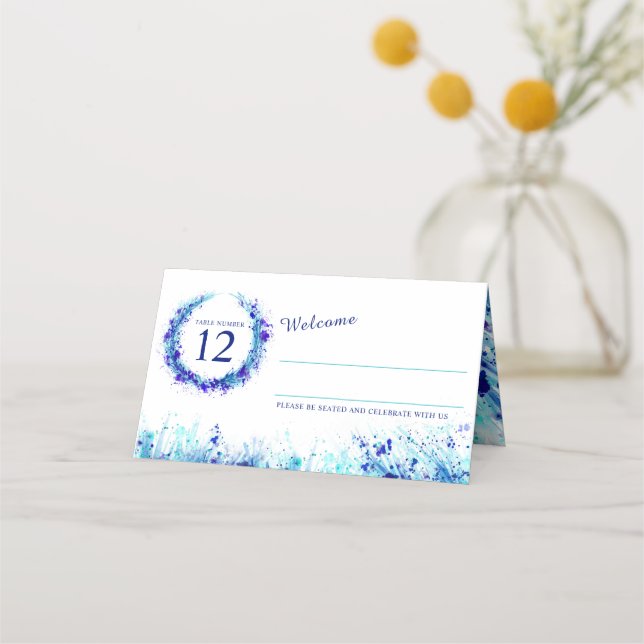 Blue aqua watercolor grass wedding place cards (Front)