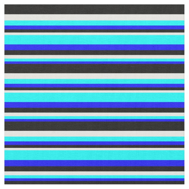 Blue, Aqua, White & Black Coloured Stripes Fabric (Close Up)