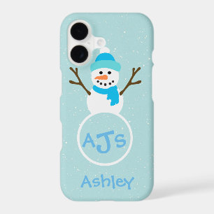 Blue Aqua White Monogram Snowman Case