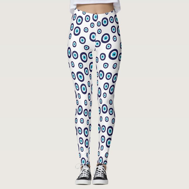 Blue Aqua White Nazar Evil Eye Circles Pattern Leggings (Front)