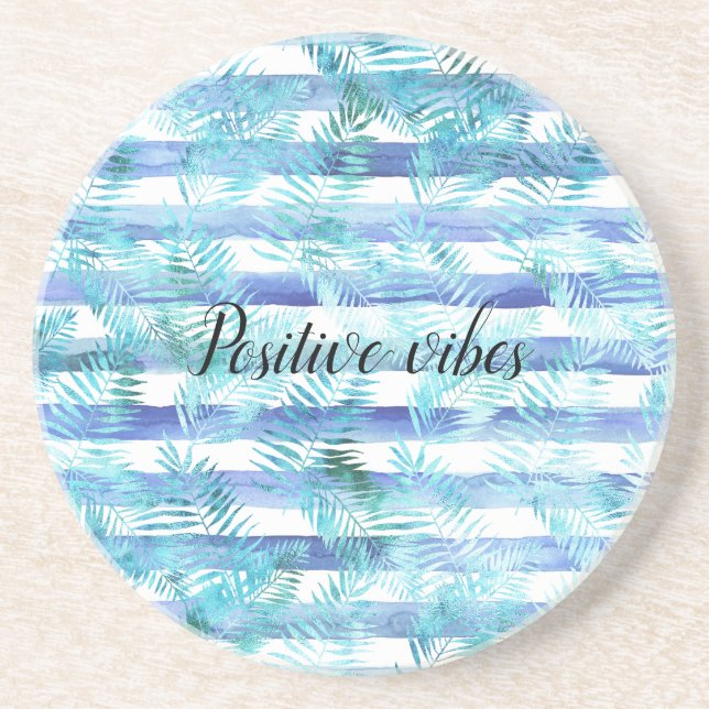 Blue Aqua White Watercolor Stripes Tropical Leaves Coaster (Front)