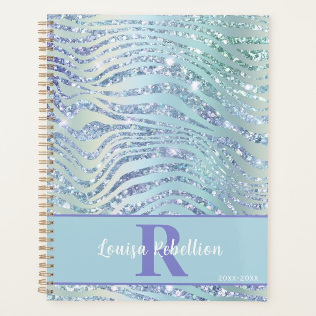 Blue Aqua Zebra Tiger Glitter Design Planner (Front)