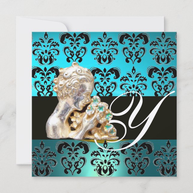 BLUE AQUAMARINE BLACK, WHITE DAMASK JEWEL MONOGRAM INVITATION (Front)