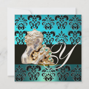 BLUE AQUAMARINE BLACK, WHITE DAMASK JEWEL MONOGRAM INVITATION