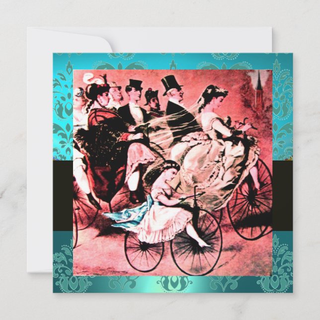 BLUE AQUAMARINE DAMASK BEACH WEDDING MONOGRAM INVITATION (Front)