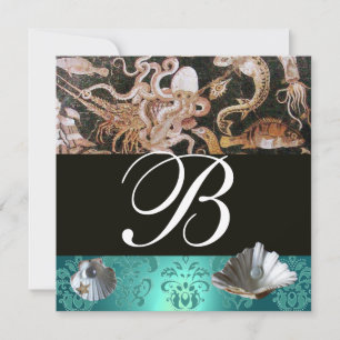BLUE AQUAMARINE DAMASK BEACH WEDDING MONOGRAM INVITATION