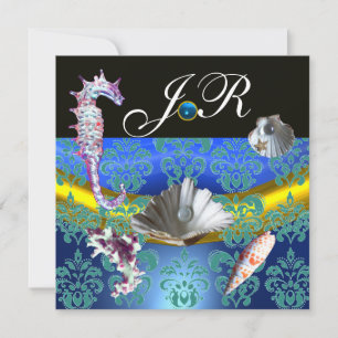BLUE AQUAMARINE DAMASK BEACH WEDDING MONOGRAM INVITATION