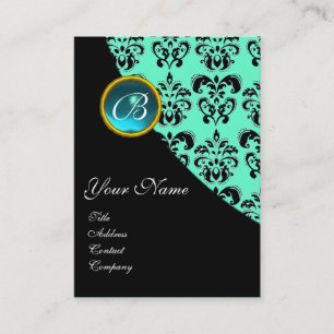 BLUE AQUAMARINE  DAMASK MONOGRAM ,turquase Business Card