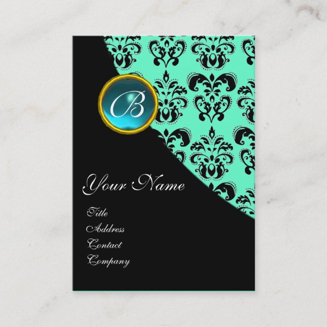 BLUE AQUAMARINE  DAMASK MONOGRAM ,turquase Business Card (Front)