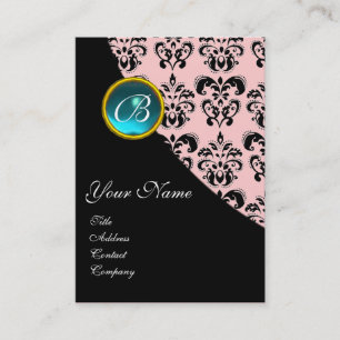 BLUE AQUAMARINE DAMASK MONOGRAM ,turquase pink Business Card