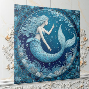 Blue Aquamarine Mermaid Ocean Bubble Mosaic Lustre Ceramic Tile