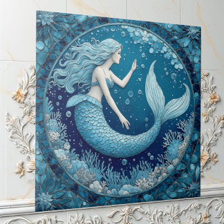 Blue Aquamarine Mermaid Ocean Bubble Mosaic Lustre Ceramic Tile