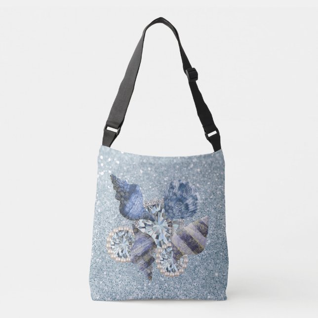Blue Aquamarine Seashells &Jewels Faux Glitter Crossbody Bag (Front)