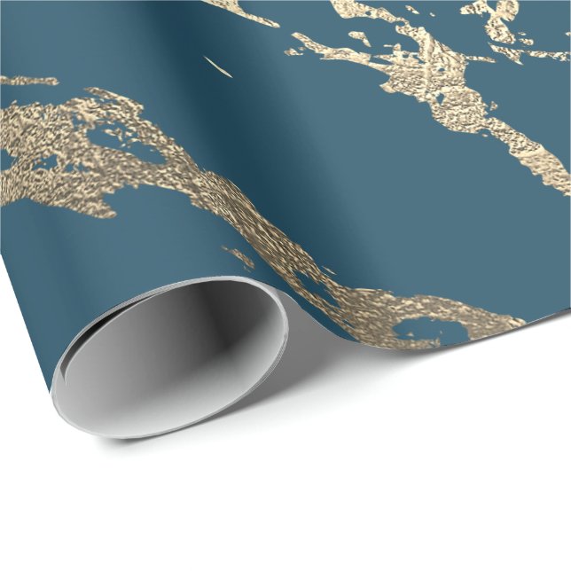Blue Aquatic Foxier Gold Marble Shiny Glam Wrapping Paper (Roll Corner)