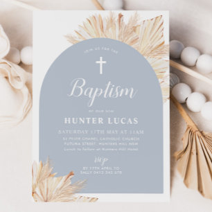 Blue Arch Boho Floral Boys Baptism Christening Invitation