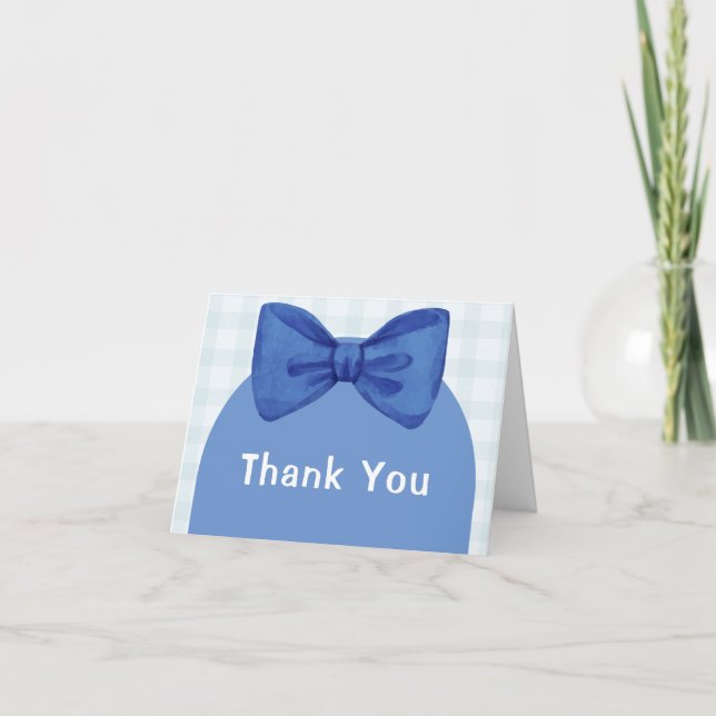 Blue Arch Gingham Plaid Bow Boy Baby Shower  Thank You Card (Front)