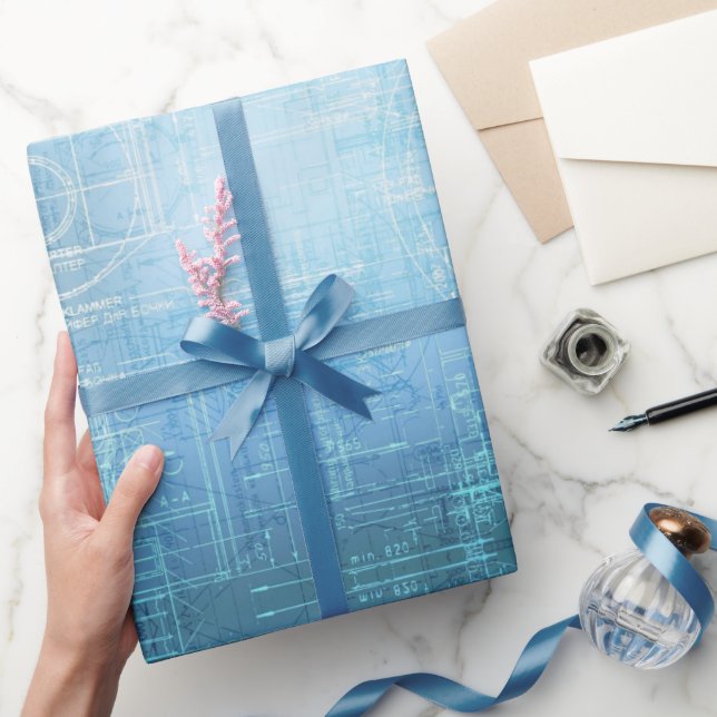 Blue Architectural Blueprint Pattern Gift Wrap  (Gifting)