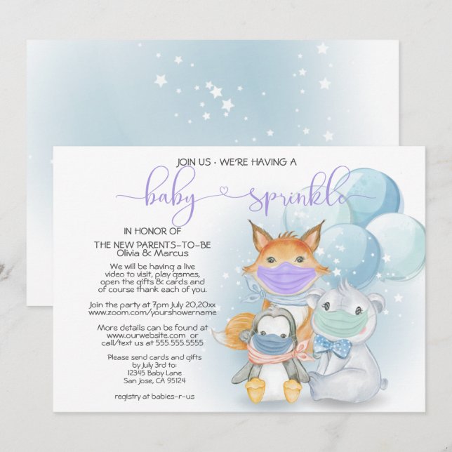 Blue Arctic Animals in Masks Baby Sprinkle Invitation (Front/Back)