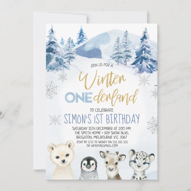 Blue Arctic Animals Winter Onederland Birthday Invitation (Front)